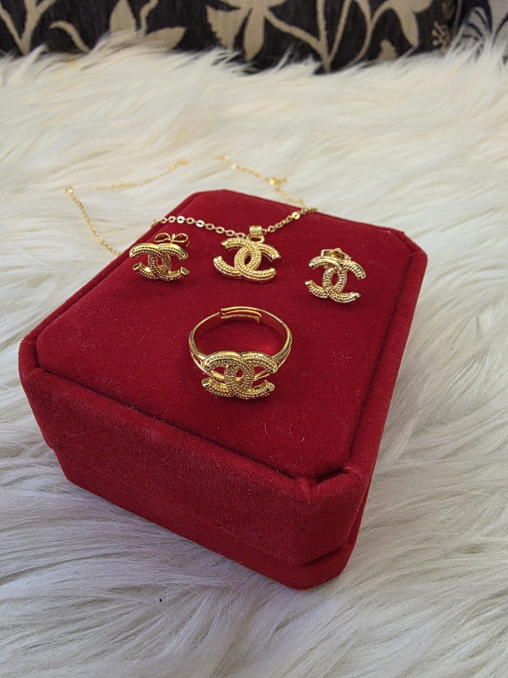 Gold-Tone Double C Logo Jewelry Set - Necklace, Ring & Earrings